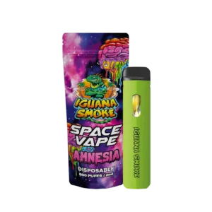 Vaper desechable 10-OH sabor Amnesia junto a bolsa Space Vape de Iguana Smoke
