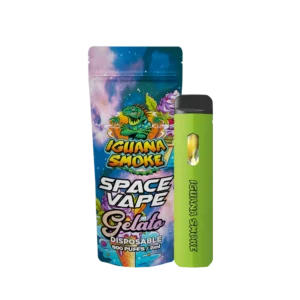 Vaper desechable Space Vape 10-OH sabor Gelato junto a su bolsa Iguana Smoke