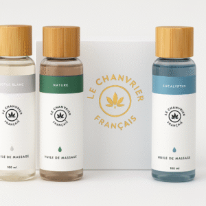 Estuche aceites masaje CBD Le Chanvrier Français con loto blanco, eucalipto y neutro