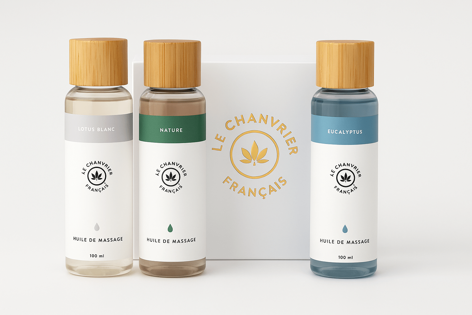 Estuche aceites masaje CBD Le Chanvrier Français con loto blanco, eucalipto y neutro