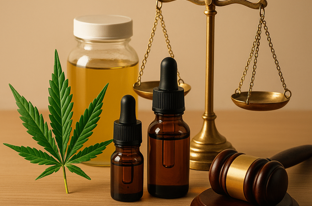 Productos de CBD legales en España junto a símbolos judiciales