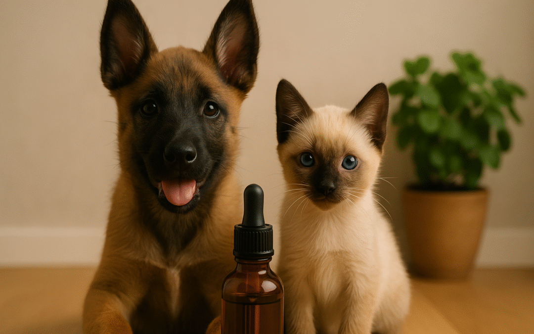 Cachorros de pastor belga malinois y gato siamés junto a un frasco de aceite de CBD en un entorno acogedor