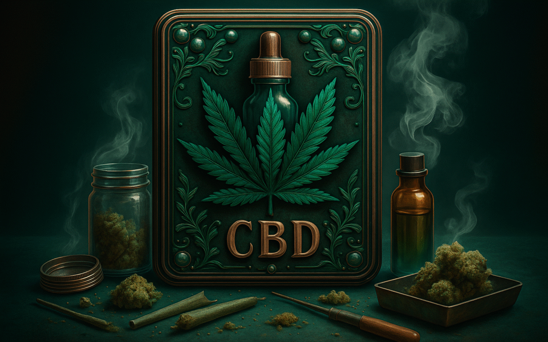 Ilustración retro de CBD para fumar con elementos naturales y estilo vintage