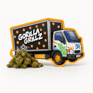 Small buds CBD Gorilla Grillz con ilustración de camión sobre fondo blanco