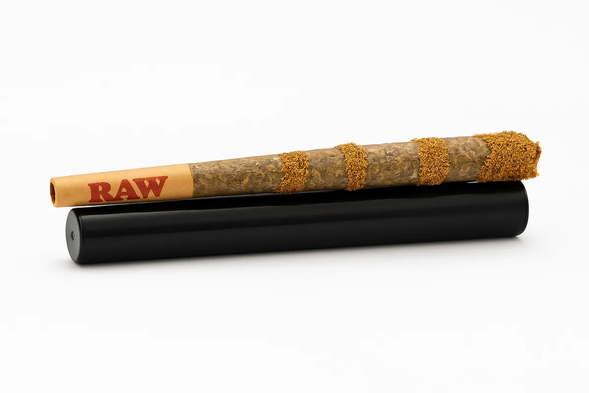 Pre-roll CBD con crumble sobre porta petas negro RAW