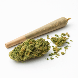 Pre-roll CBD con flores premium y cogollo natural sobre fondo blanco