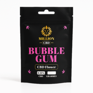 Envase de flores Bubble Gum CBD 8-10% Million CBD con fondo blanco