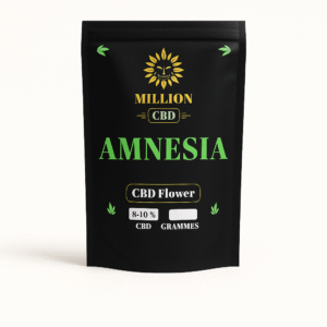 Bolsa Million CBD Amnesia 1200x1200 px, fondo blanco con sombra ligera. Flores CBD Amnesia 8-10% aroma cítrico y alimonado estilo Haze – CBD Perejil