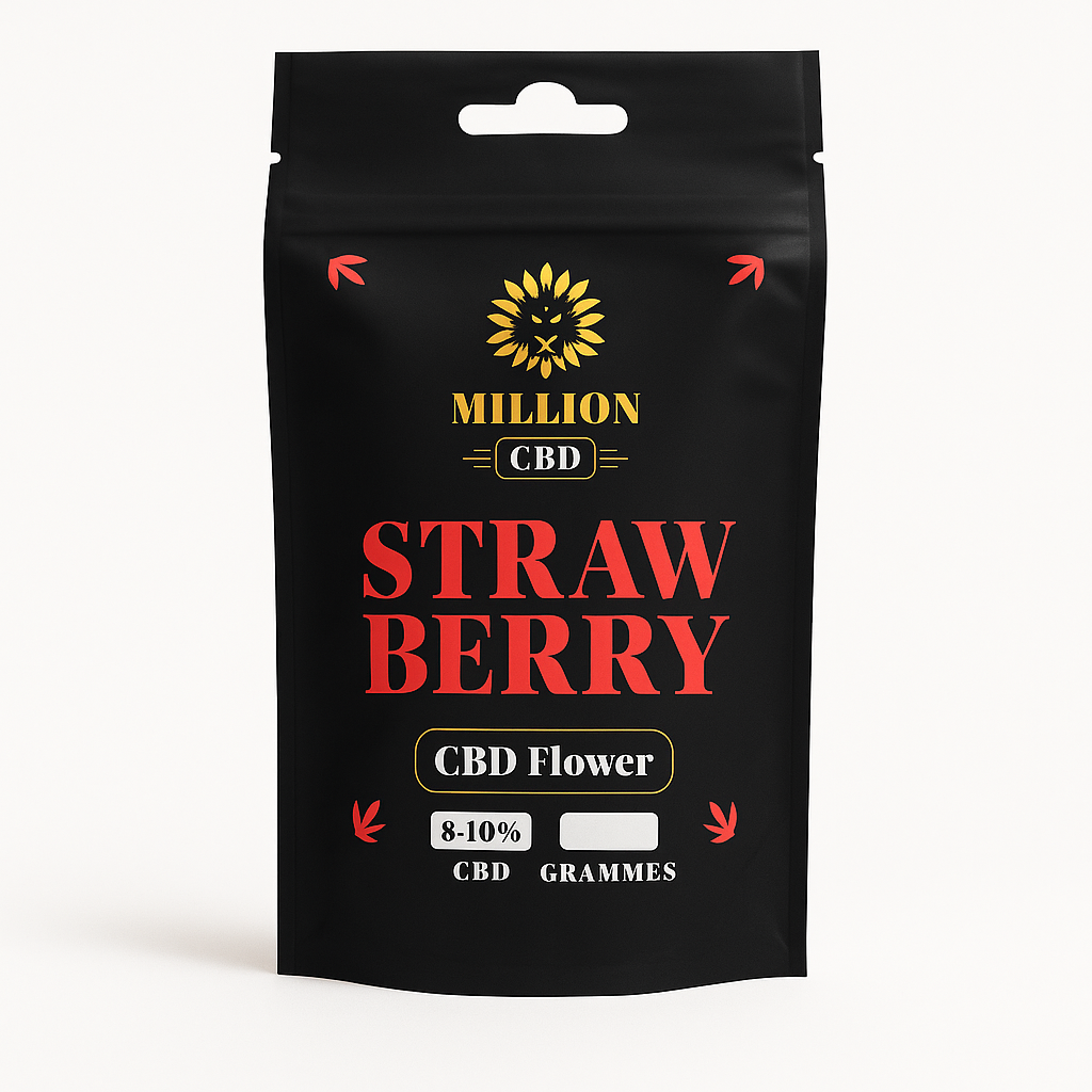 Bolsa Million CBD Strawberry, fondo blanco con sombra ligera. Flores CBD Strawberry 8-10% aroma afrutado y dulce – CBD Perejil