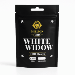 Bolsa Million CBD White Widow 1200x1200 px, fondo blanco con sombra ligera. Flores CBD White Widow 8-10% aroma herbal y especiado – CBD Perejil