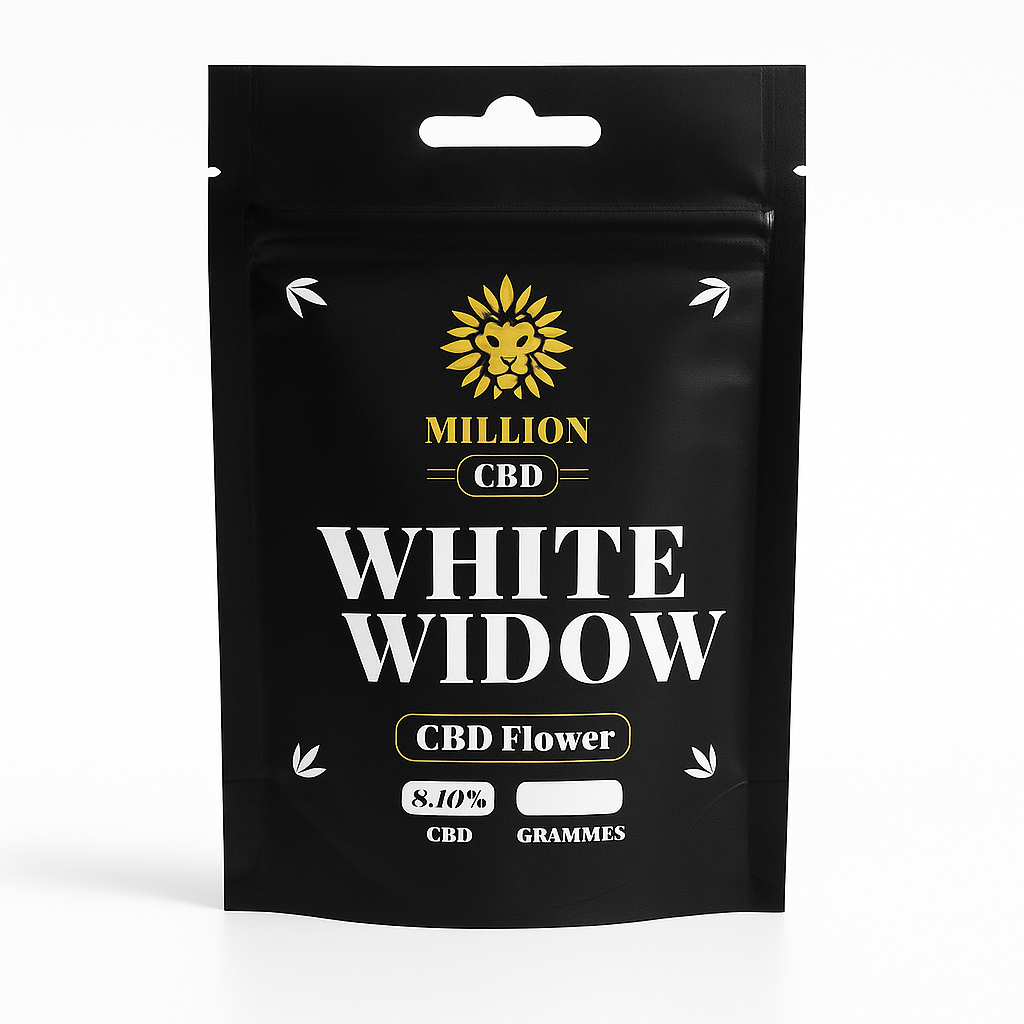 Bolsa Million CBD White Widow 1200x1200 px, fondo blanco con sombra ligera. Flores CBD White Widow 8-10% aroma herbal y especiado – CBD Perejil