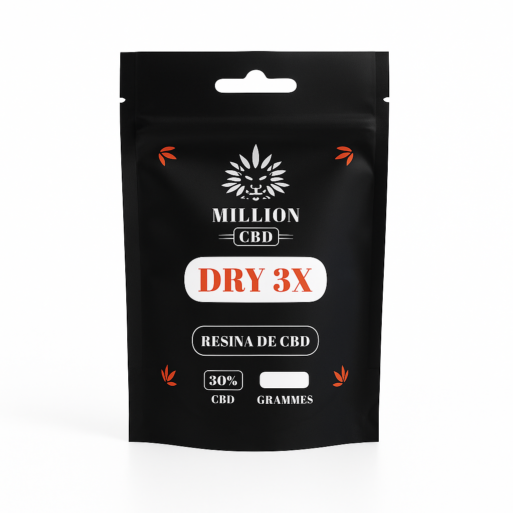 Resina CBD Dry 3X 30% Million CBD en envase negro, triple extracción seca, aroma terroso y herbal