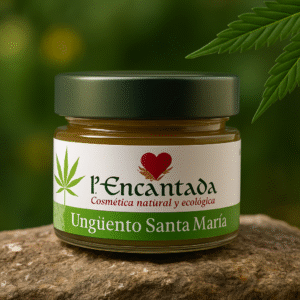 Ungüento CBD piel sensible de La Encantada sobre roca natural con hoja de cáñamo