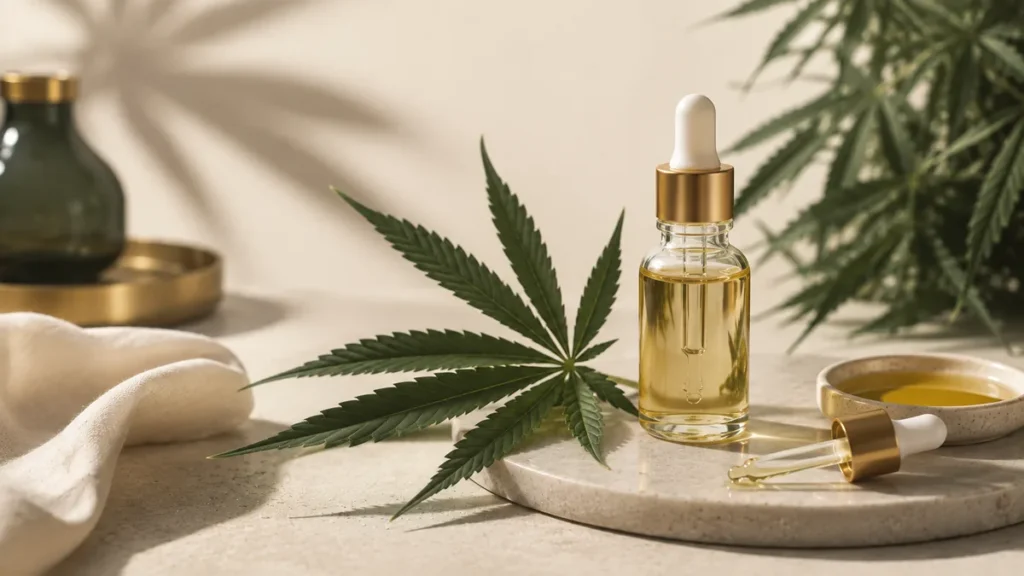 Frasco de aceite de CBD con gotero entre hojas de cáñamo