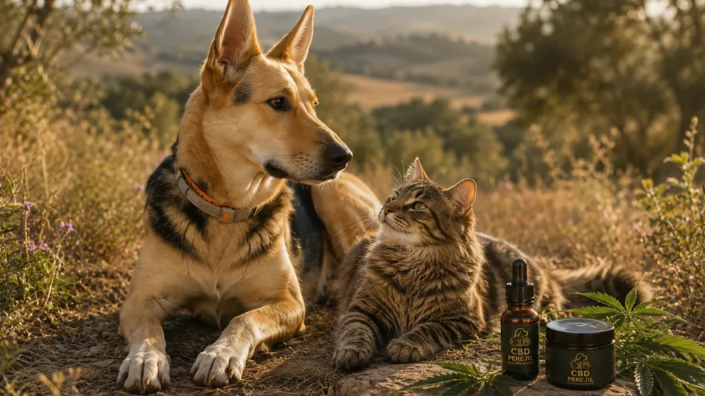 Perro y gato junto a productos de CBD para mascotas