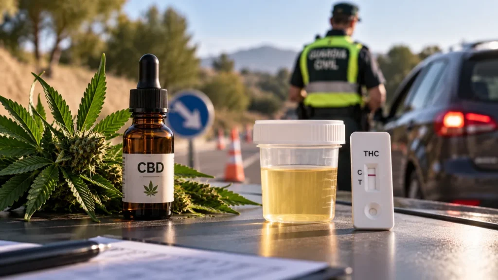 Control de tráfico con muestra y producto de CBD en primer plano