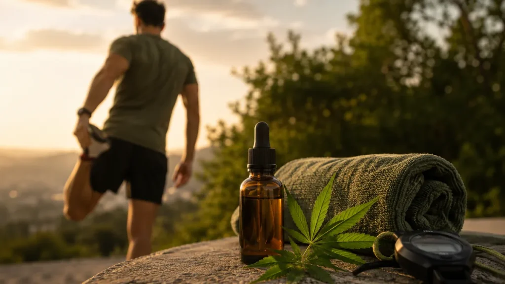 Persona corriendo junto a productos de CBD para deporte