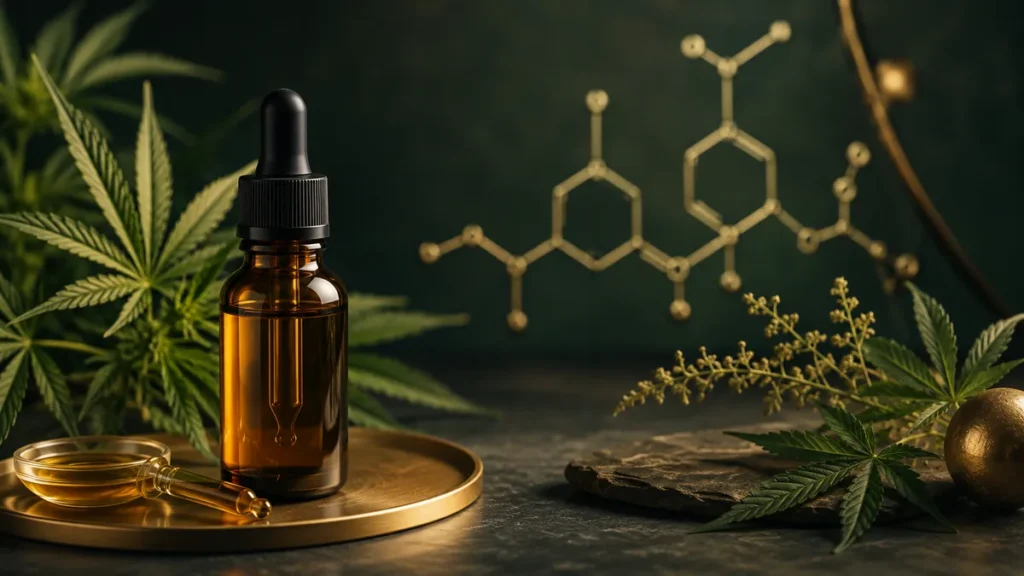 Frasco de cannabinoide con fórmula molecular y hojas de cáñamo
