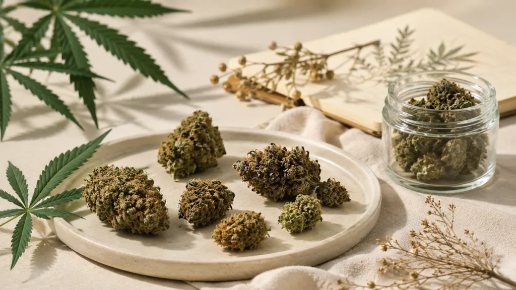 Flores de CBD sobre una mesa con elementos botánicos