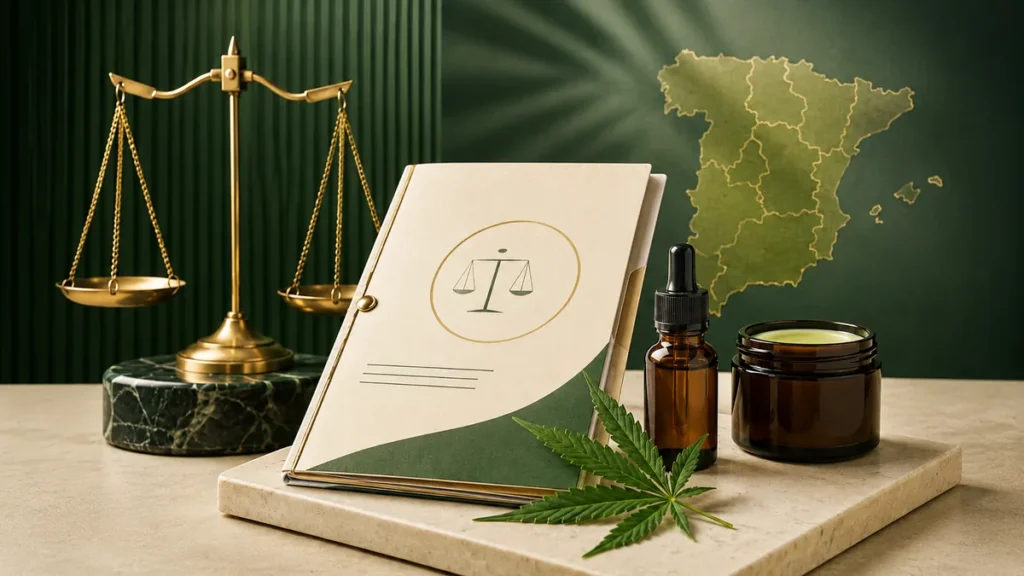 Balanza y documento legal junto a productos de CBD