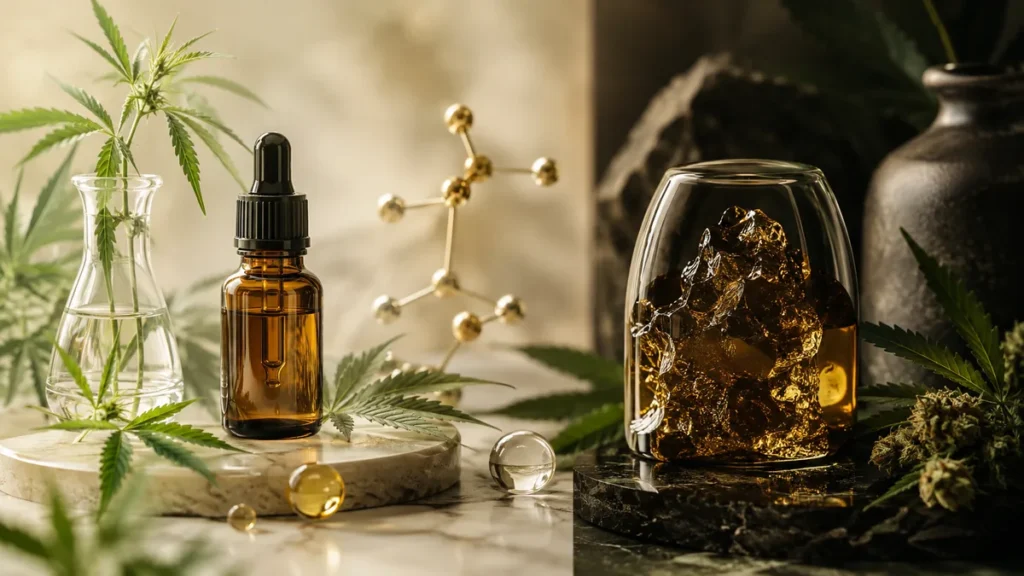 Frasco de CBD con molécula y hojas de cáñamo