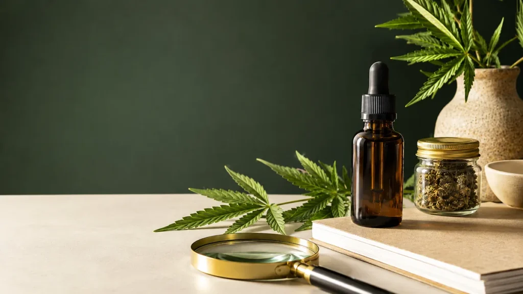 Frascos y flores de CBD sobre una mesa de consulta